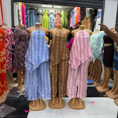 Striped cotton two piece sets in blue, brown and pink on mannequins